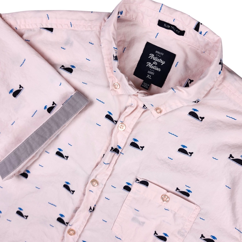 Artistry in Motion Button Down Shirt Mens XL Pink Whale Print SS Slim Tall Coast